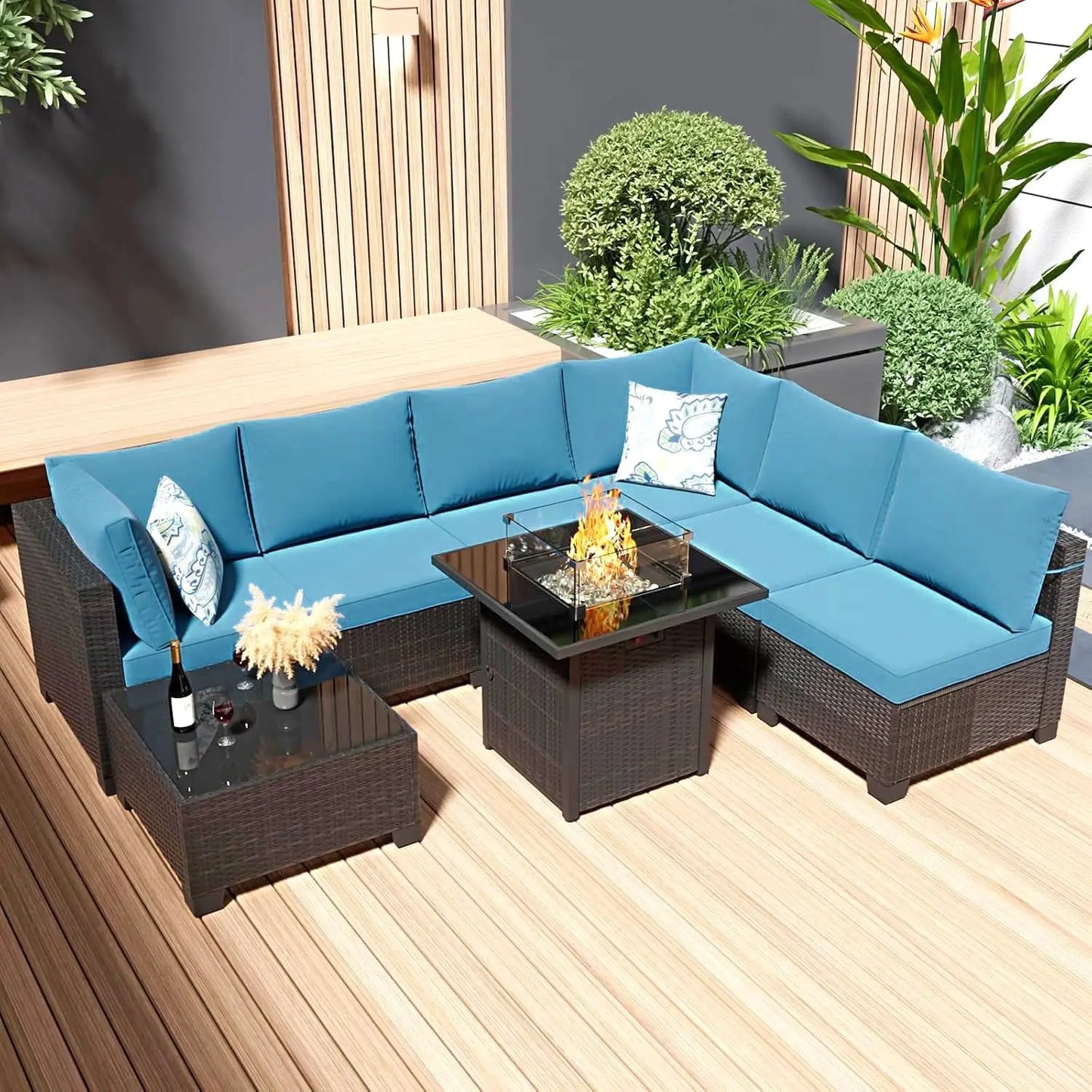 Durable Patio Furniture Set With Fire Pit Table Outdoor Rattan Sectional Sofa