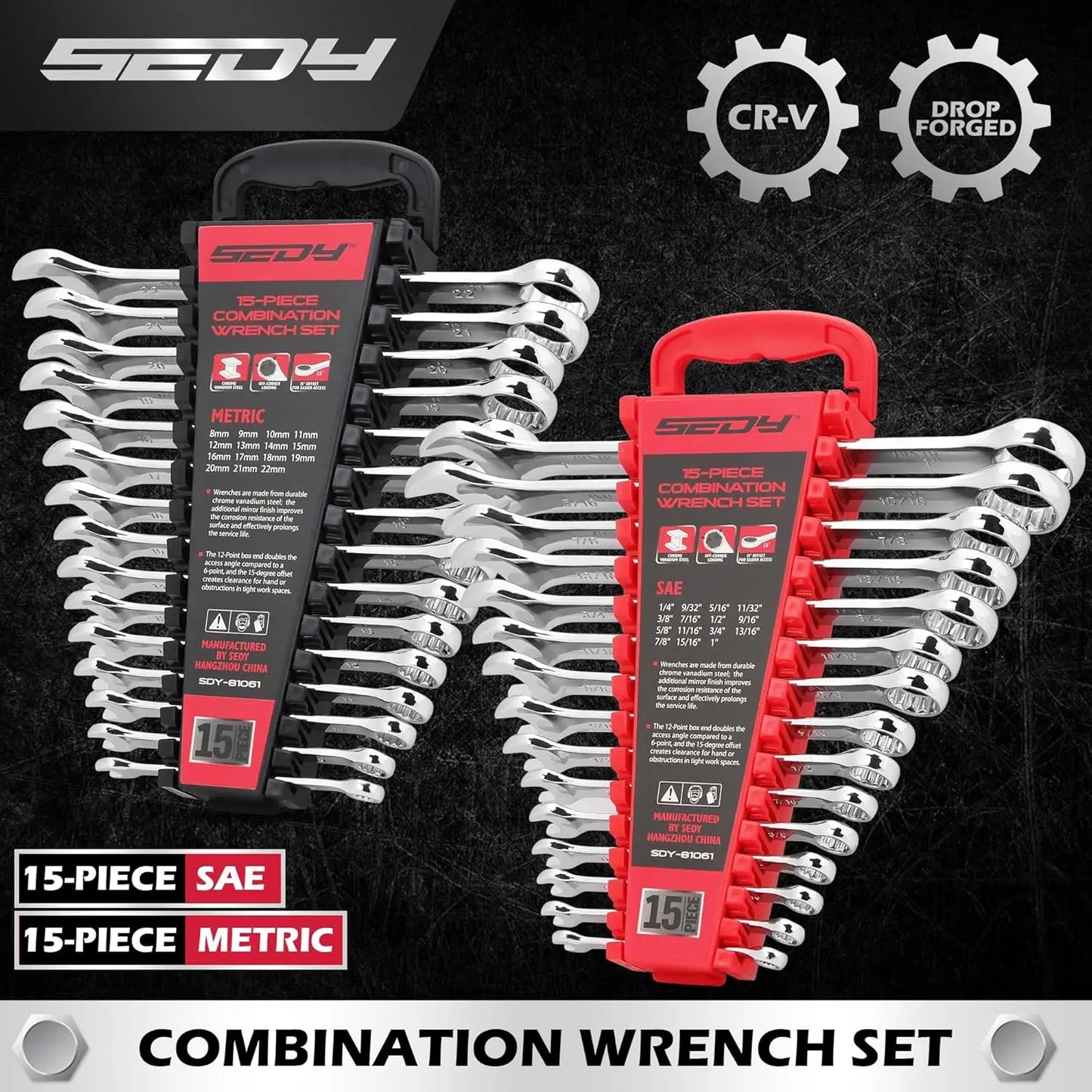 30-Piece Combination Wrench Set, 1/4" to 1" & 8-22mm, Professional 12-Point Wrench Kit with Organizer