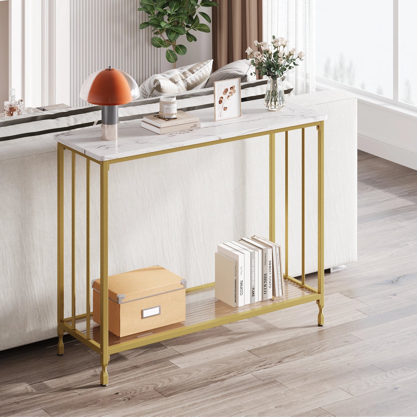 HobbyLane Console Table With Glass Shelf Metal Frame For Hallway
