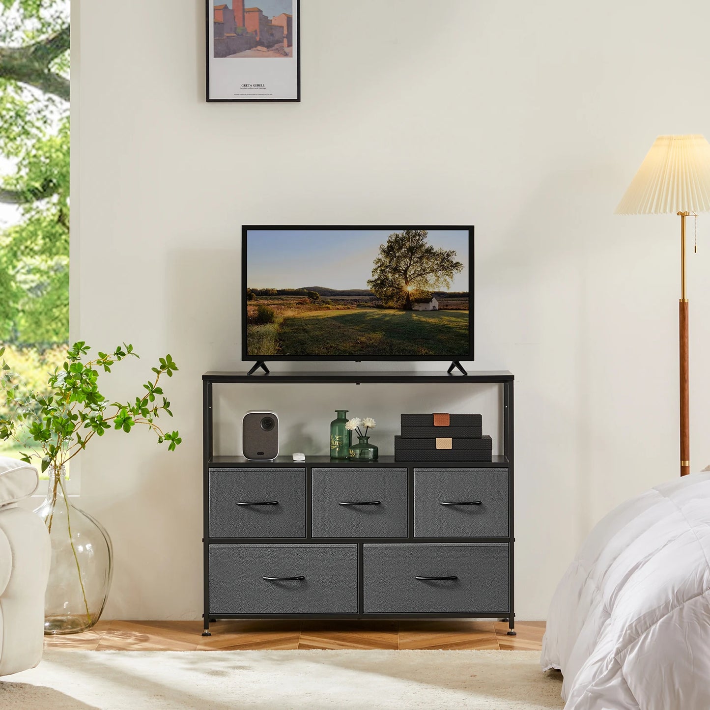 JHK Fireplace TV Stand Dresser With 5 Fabric Drawers Storage
