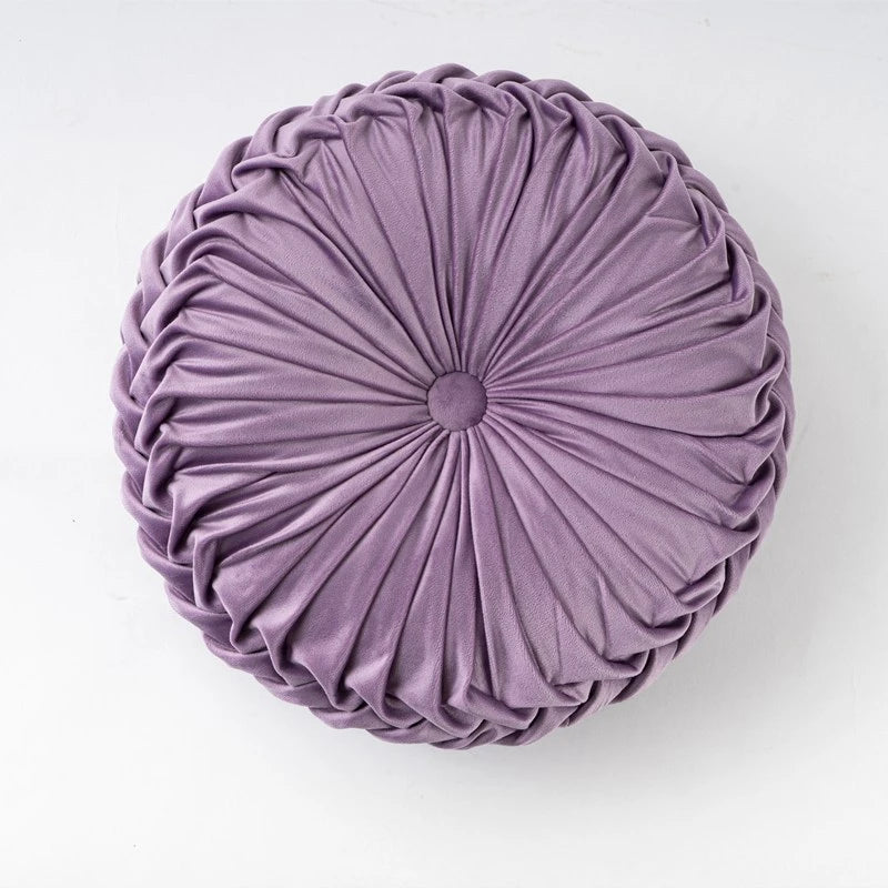 Round Velvet Throw Pillow With Pleated Design