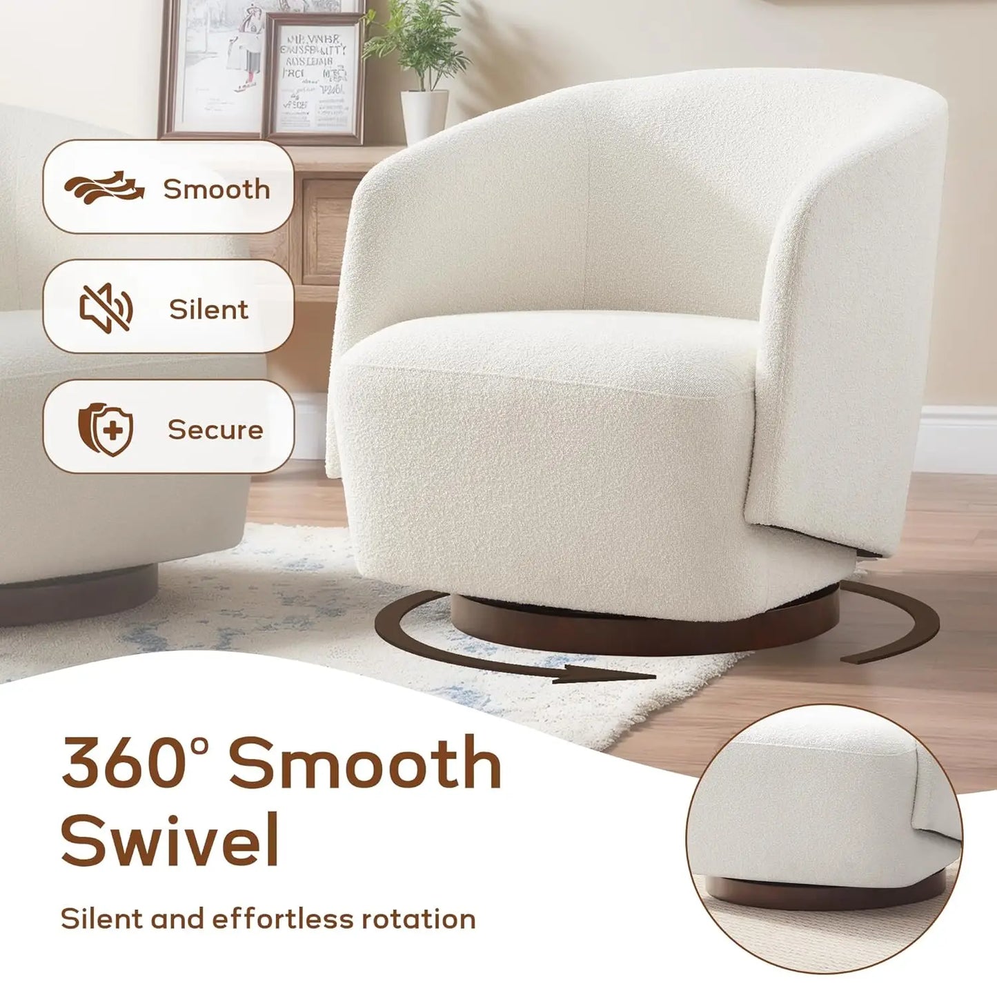 Boucle Swivel Accent Chair 360 Degree Upholstered Armchair Rubberwood Base