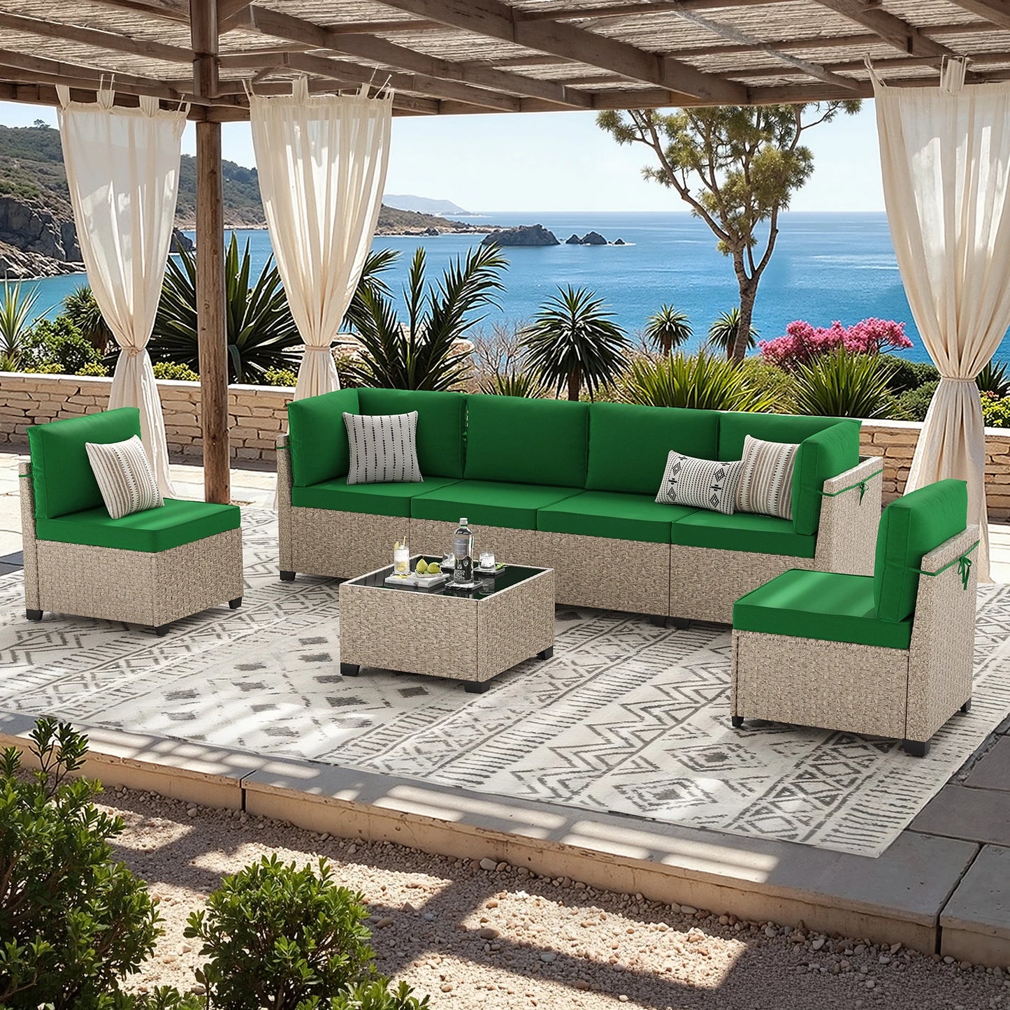 7-Piece Rattan Sectional Sofa Set With Glass Table