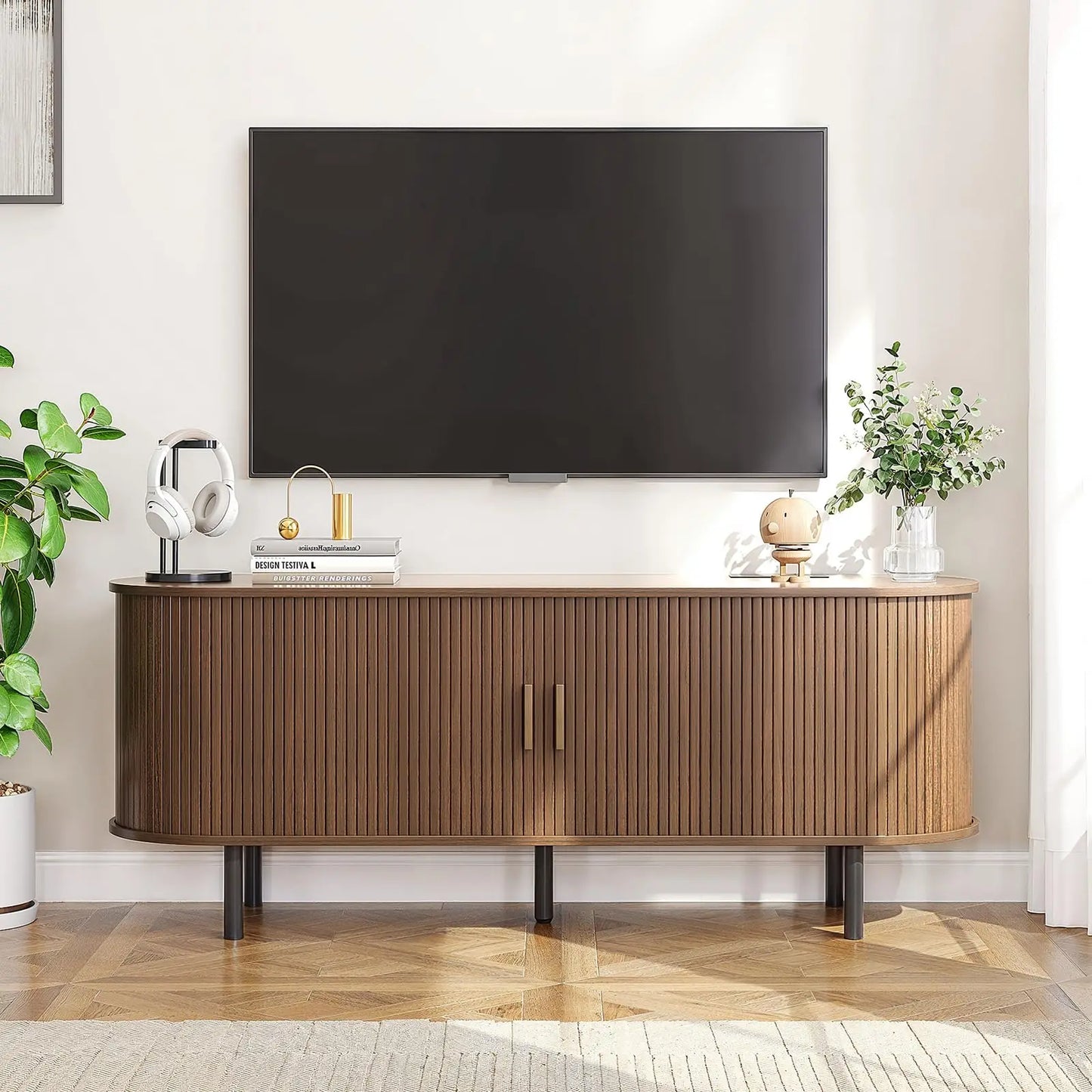 ONBRILL TV Stand with Power Outlet Sliding Doors and Shelves