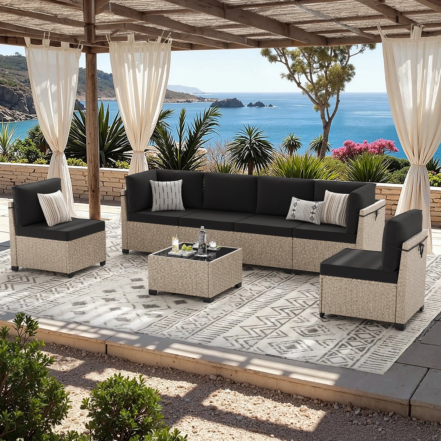7-Piece Rattan Sectional Sofa Set With Glass Table
