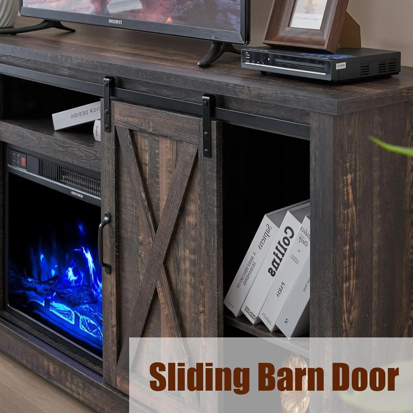 Farmhouse Fireplace TV Stand With Sliding Barn Door And Storage