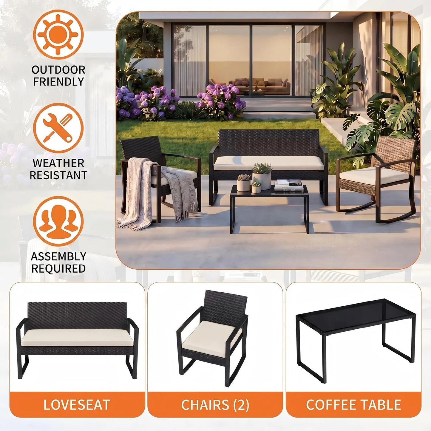 HobbyLane Outdoor 4 Piece PE Wicker Patio Rocking Furniture Set