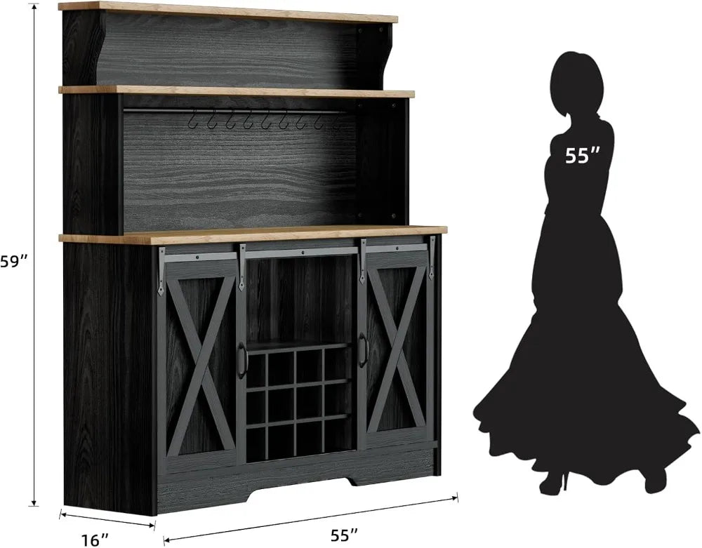 Farmhouse Coffee Bar Cabinet With Hutch And Sliding Barn Door