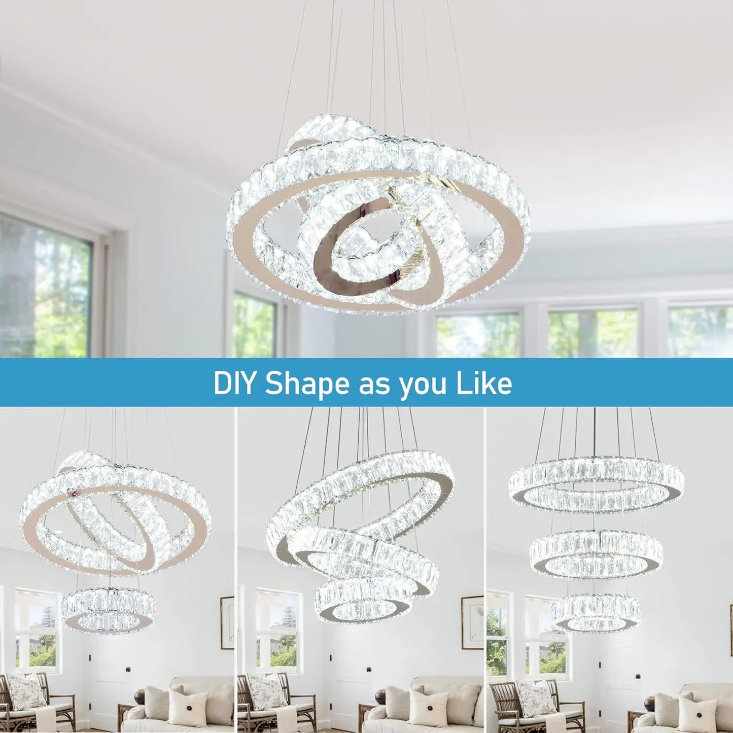 FRIXCHUR Modern LED Ring Crystal Ceiling Light Pendant Fixture