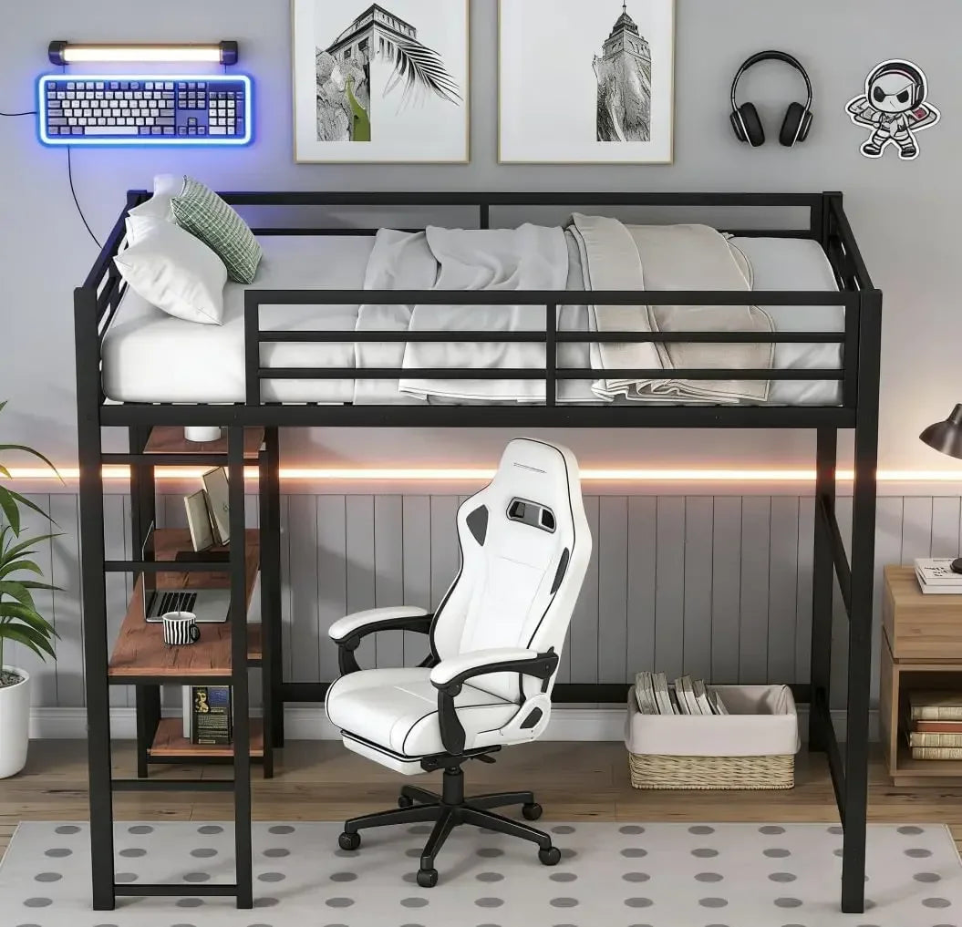 Bellemave Metal Loft Bed With Desk And Storage Shelf