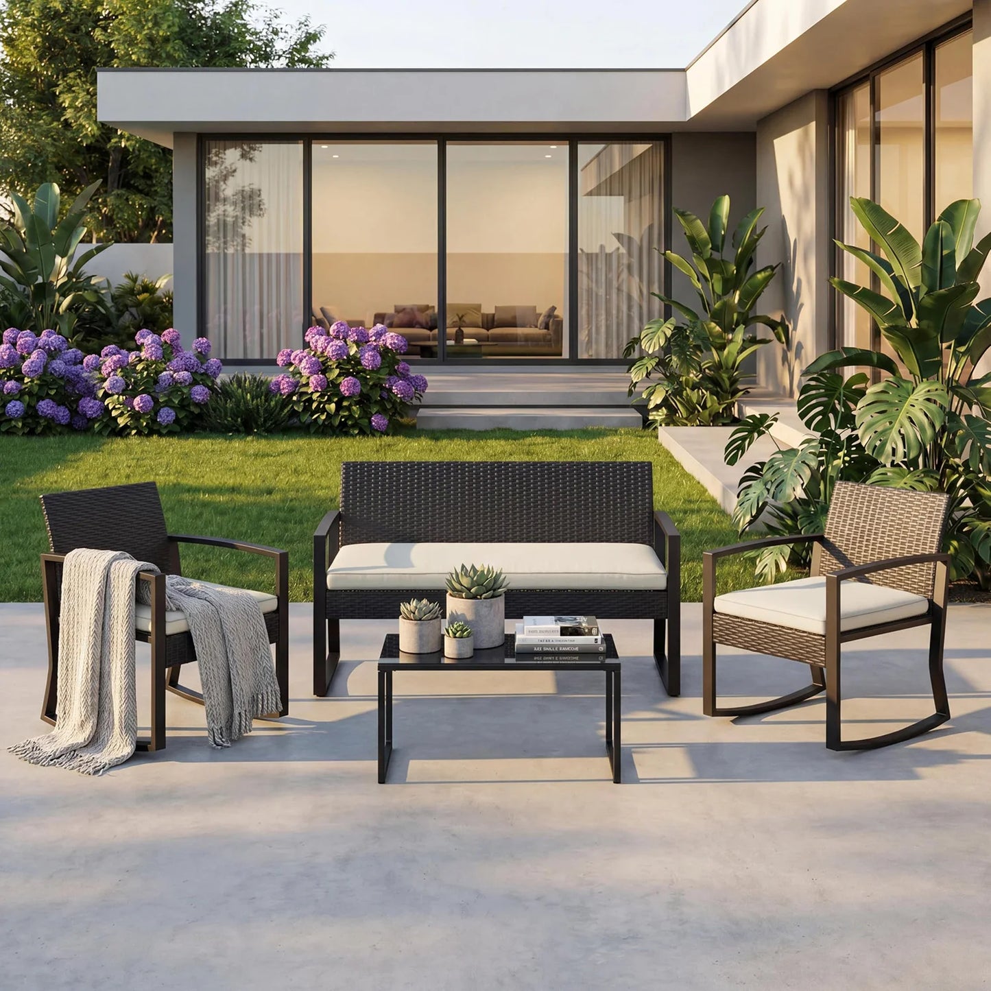 HobbyLane Outdoor 4 Piece PE Wicker Patio Rocking Furniture Set
