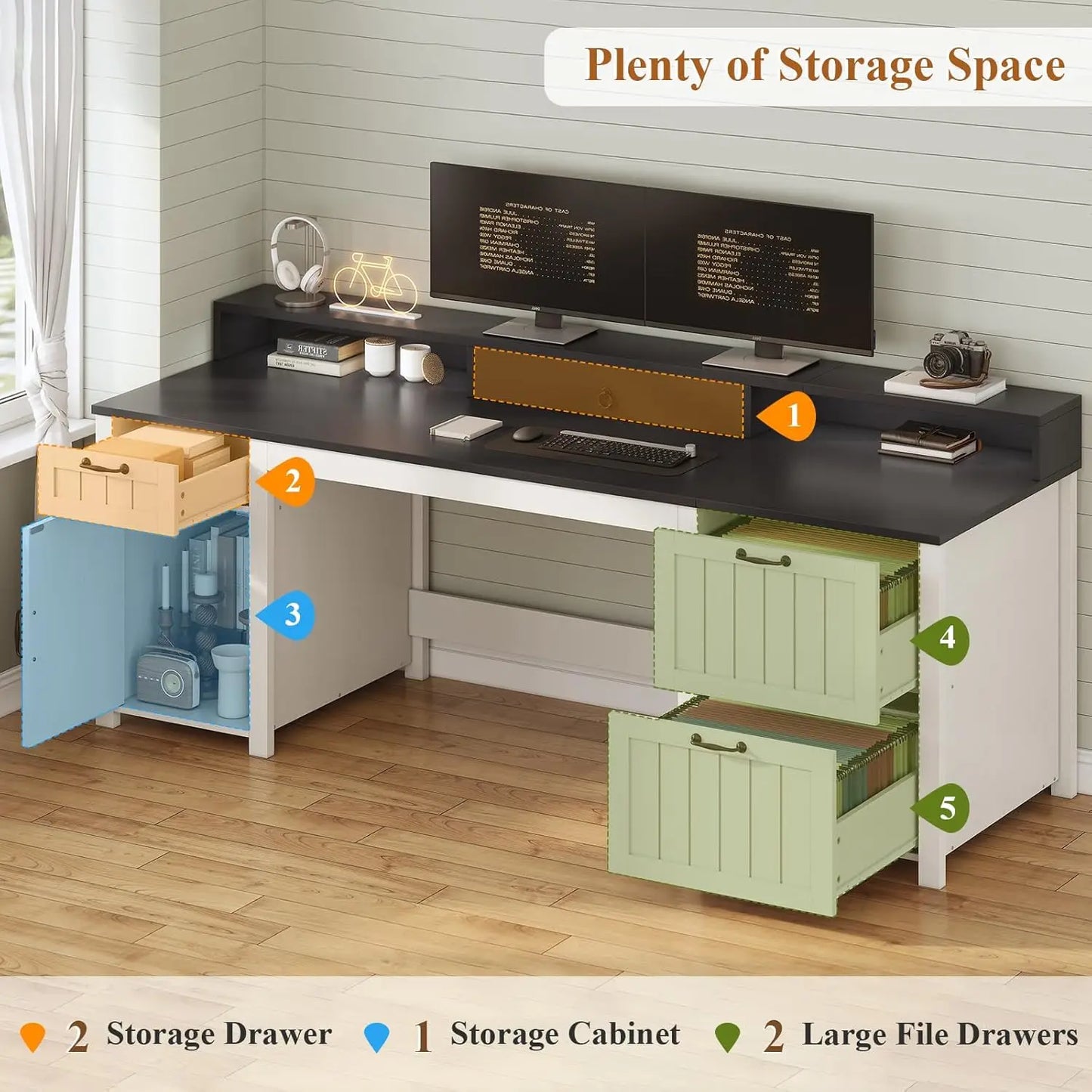 Farmhouse 63 Inch Executive Computer Desk With Drawers