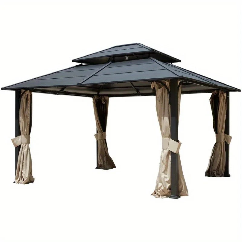 Outdoor Hardtop Gazebo Aluminum Patio Structure With Curtains Netting