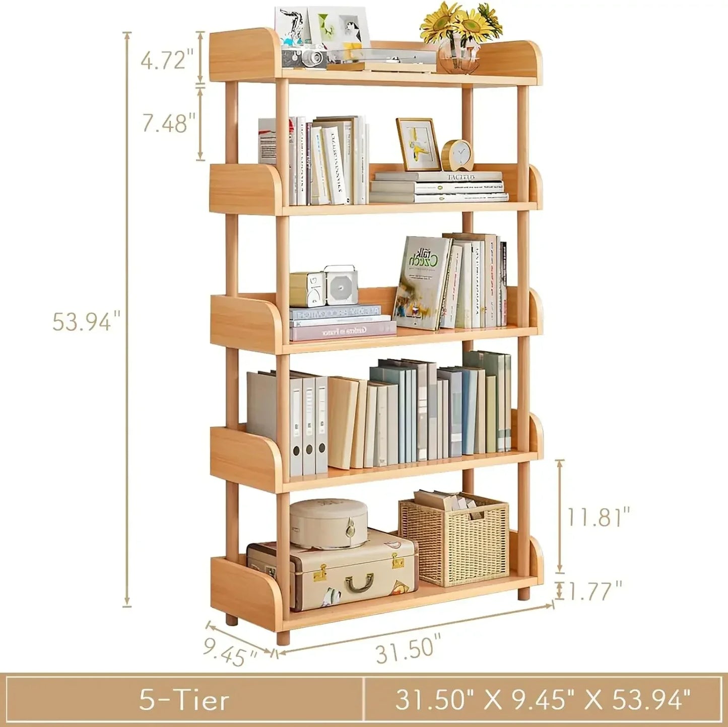 5 Tier Wooden Open Bookcase Modern Display Bookshelf Top Edge