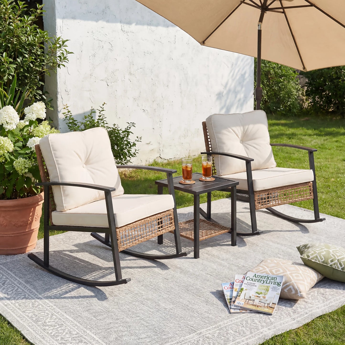 PIYRQ Rattan Rocking Chair Set Outdoor Patio Garden 3 Piece