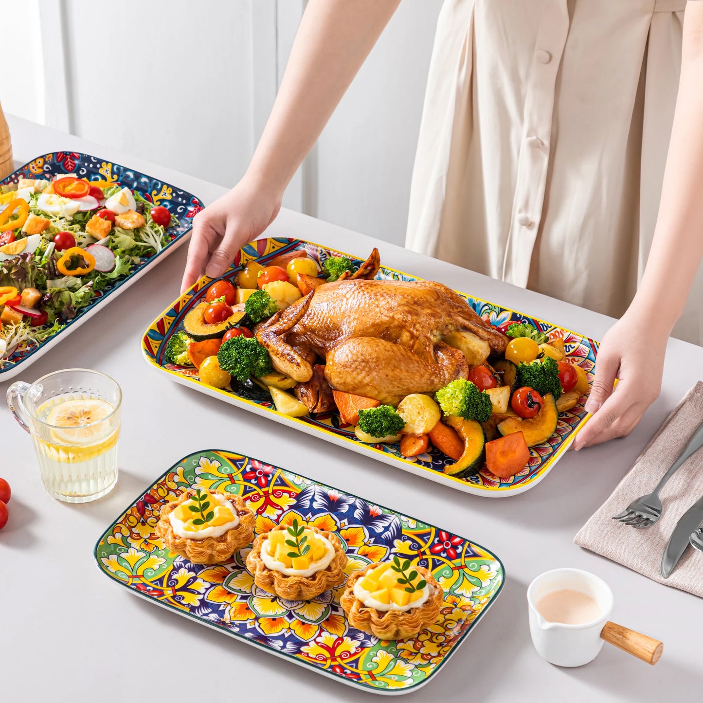 Malacasa Ceramic Salad Plates Set Rectangular Long Plate Collection