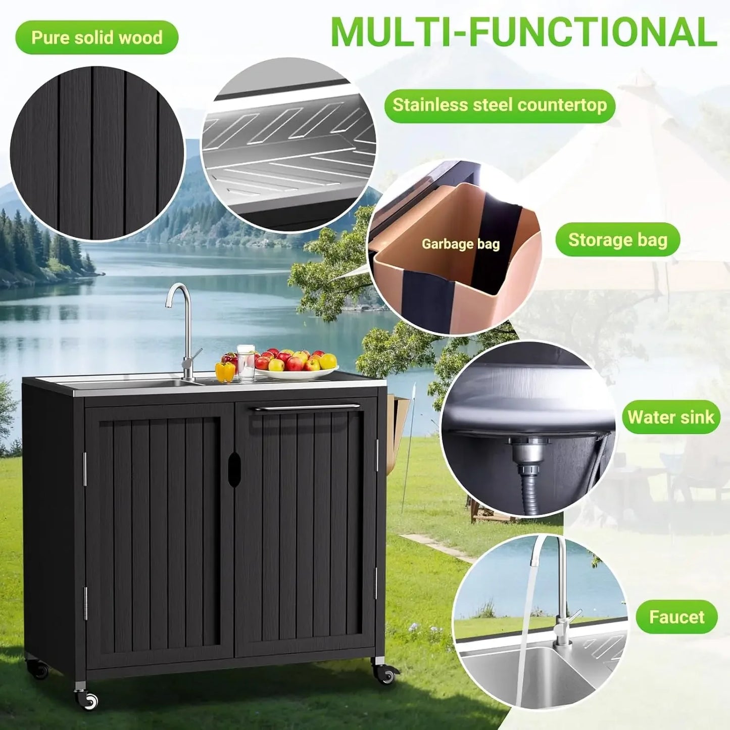 Outdoor Kitchen Island With 304 Stainless Steel Sink And Storage Cabinet