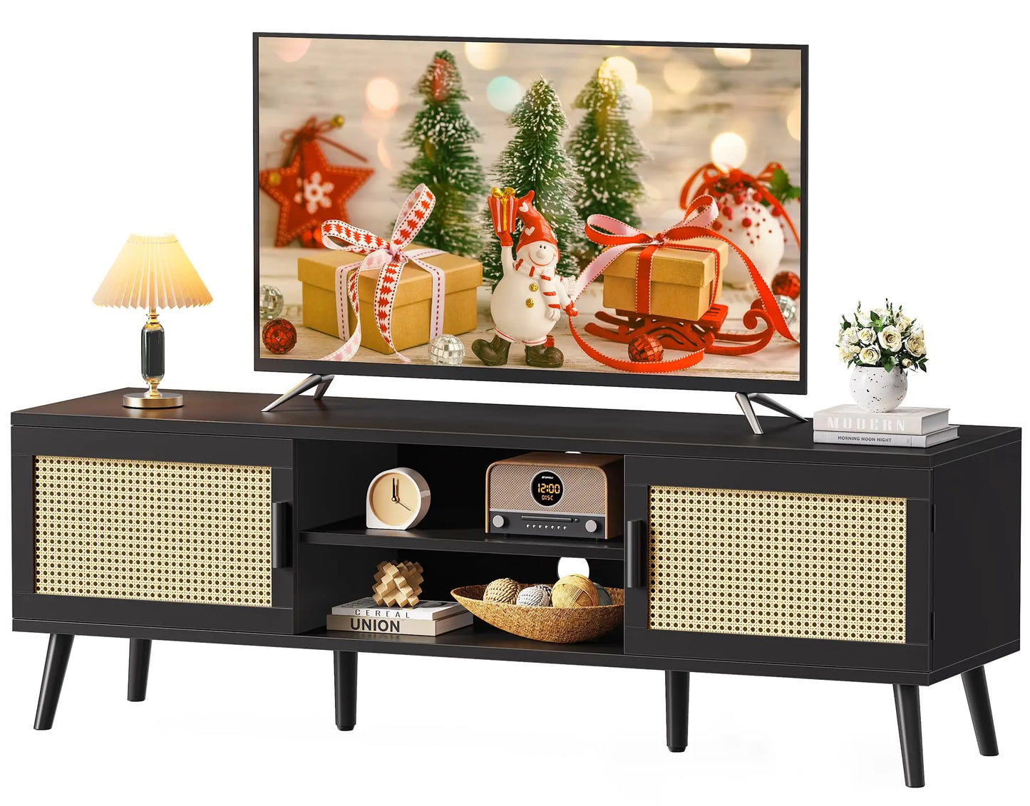 Boho TV Stand Rattan Console With Adjustable Shelves 2 Cabinets