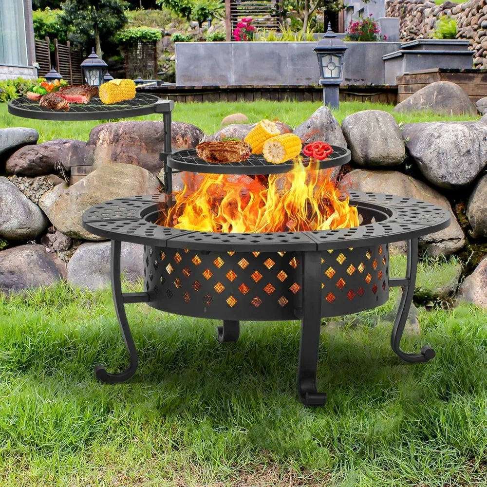Outdoor Wood Burning Fire Pit with BBQ Grills and Lid