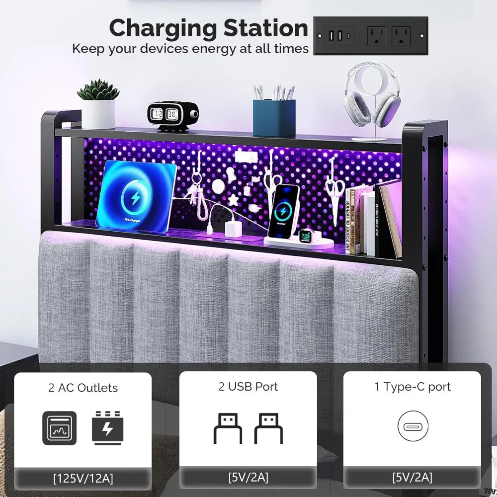 Adjustable Upholstered Headboard With Shelves Pegboard And LED