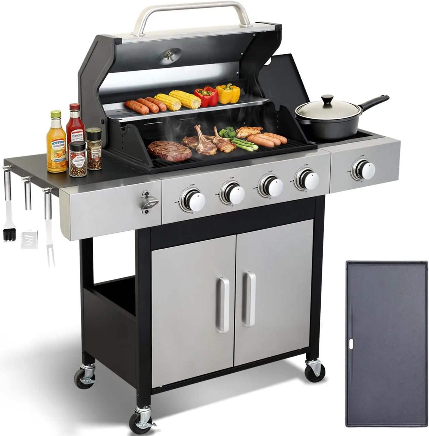 Three Burner Propane Gas Grill With Side Burner And Porcelain Cast Iron Grates
