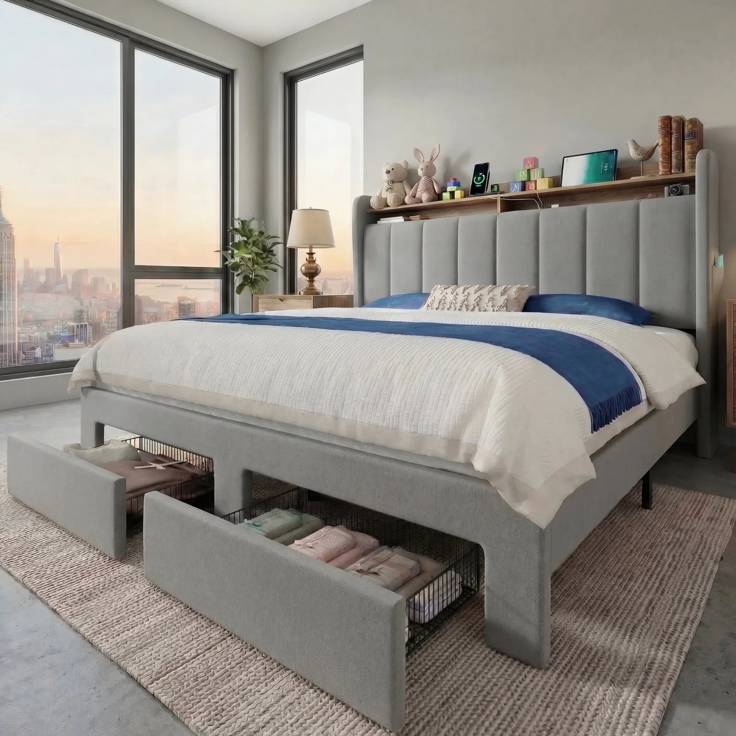 Hoomic Full Queen King Bed Frame With Storage Drawers Shelves Led Lights Charging Station