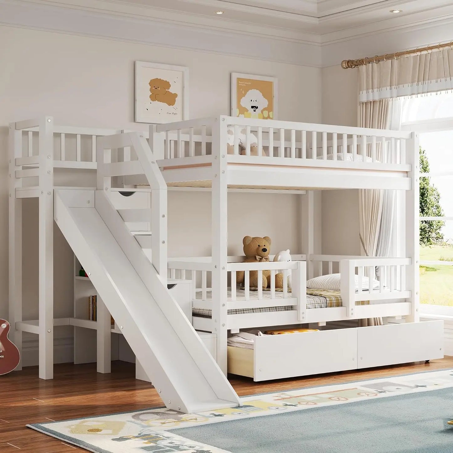 Kids Bunk Bed With Slide, Storage Drawers And Staircase, Pine Wood
