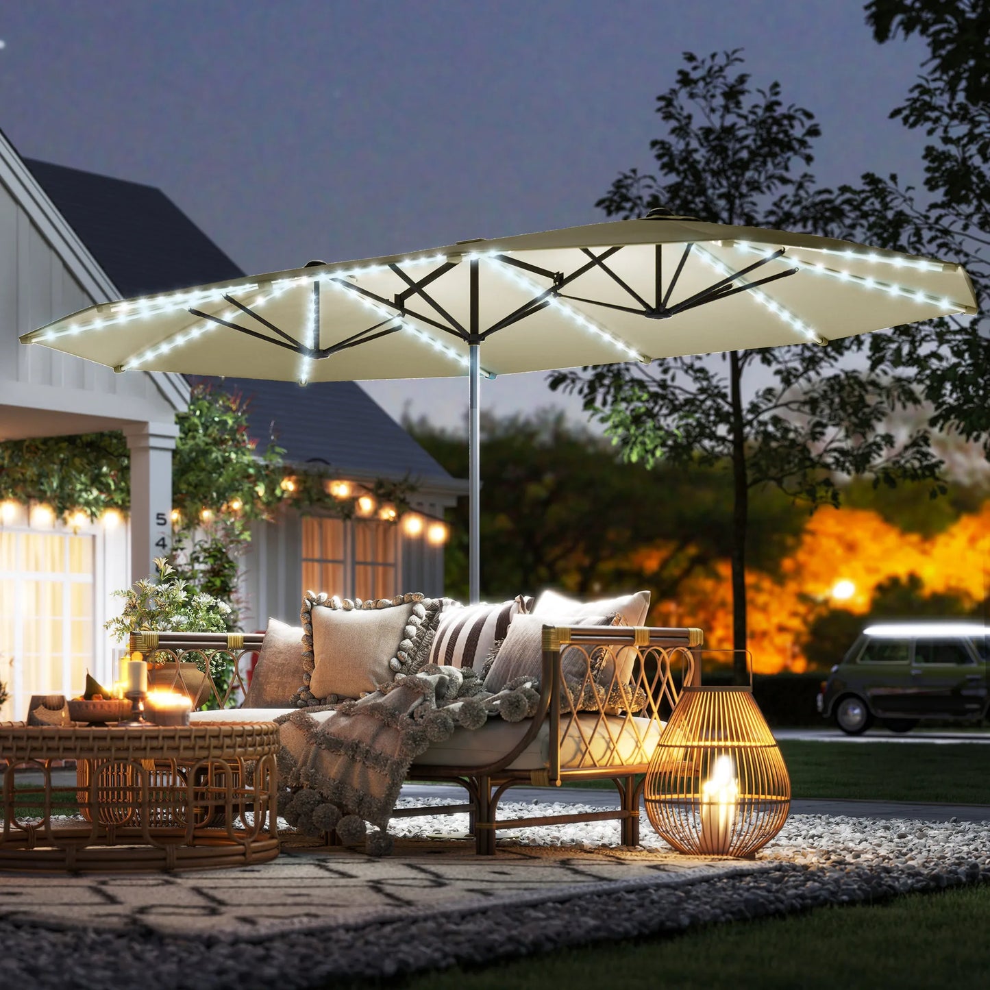 Outdoor Patio Umbrella With Built In Solar Lights UPF50Plus