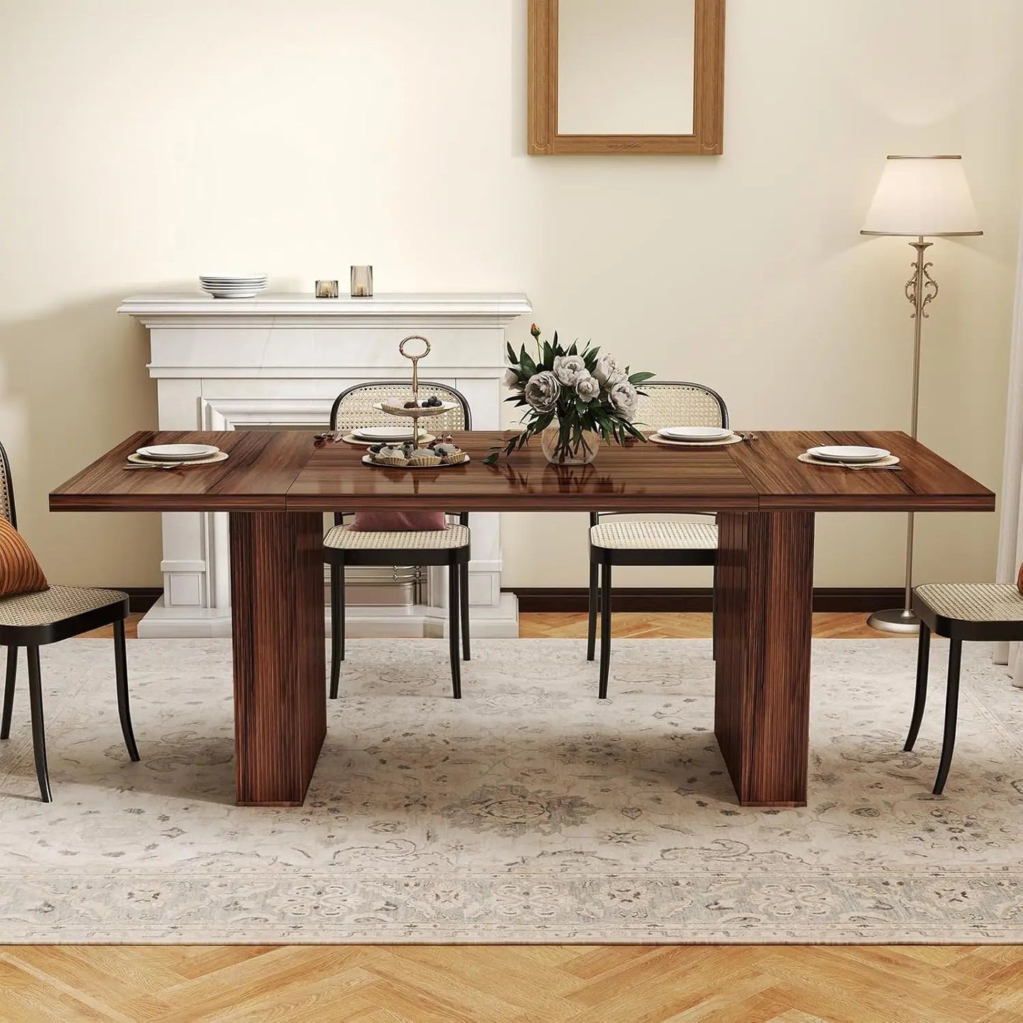 Rectangular Dining Table 78 Inch Modern Farmhouse Walnut Grooved Base