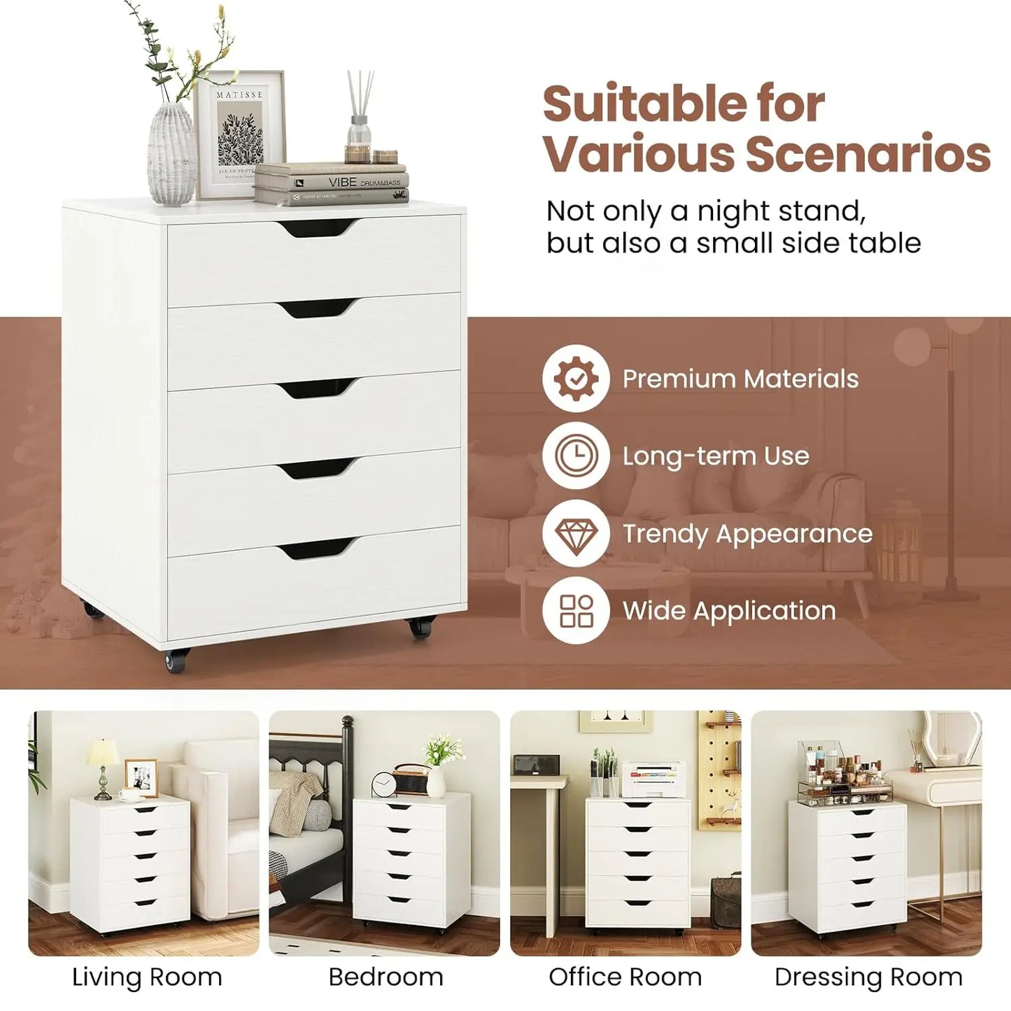 Mobile File Cabinet On Wheels Five Drawer For Home Office