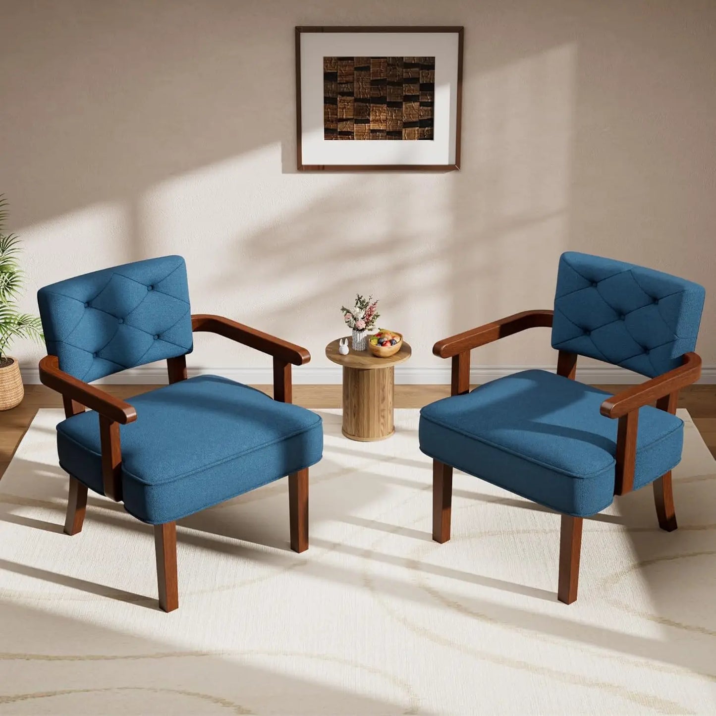 Oversized Upholstered Armchair Set Tufted Back Cushioned Wood Frame TwoPieceSet