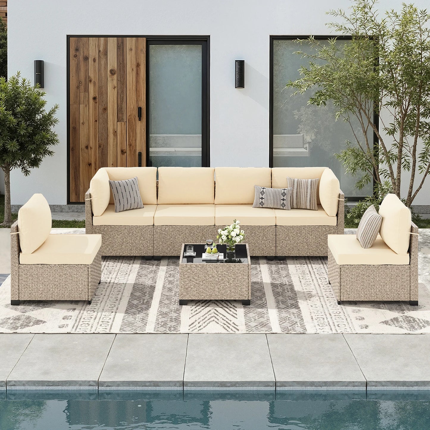 7-Piece Rattan Sectional Sofa Set With Glass Table