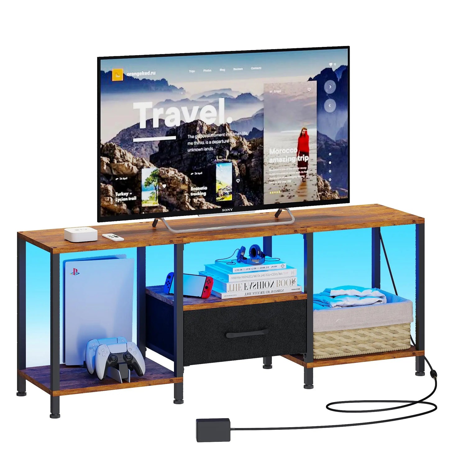 TV Stand With LED Lights And Fabric Drawer Media Console