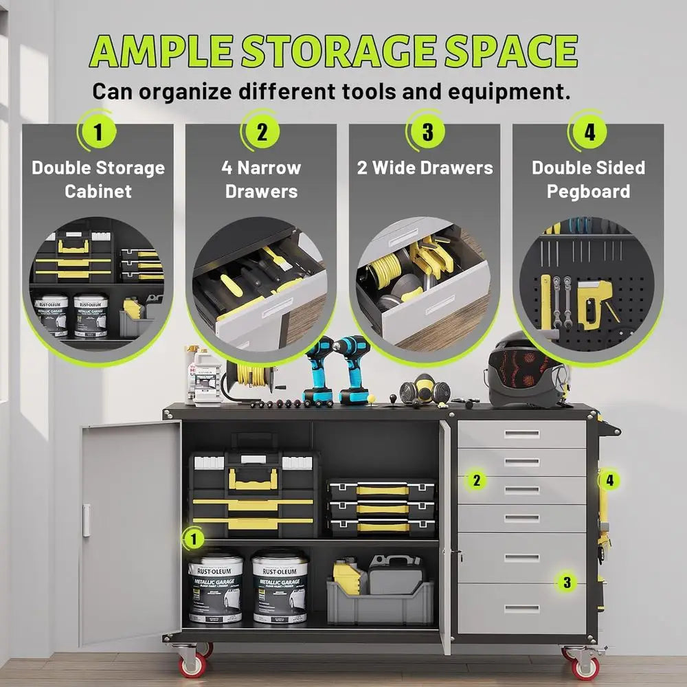 Heavy Duty Rolling Workbench 55W Lockable Cabinet Pegboard
