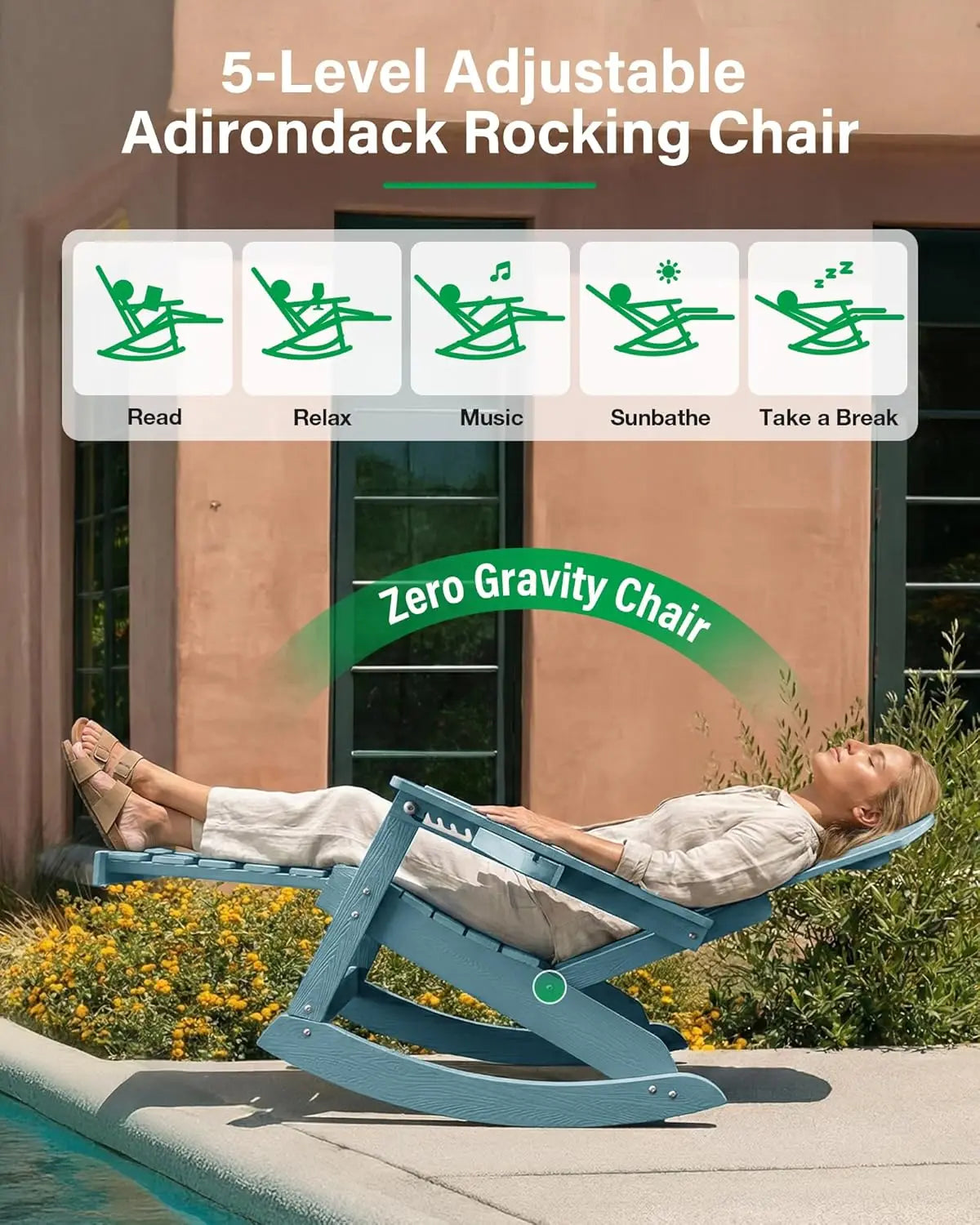 Adirondack Rocking Chairs Set With Retractable Ottoman And 5 Level Adjustment