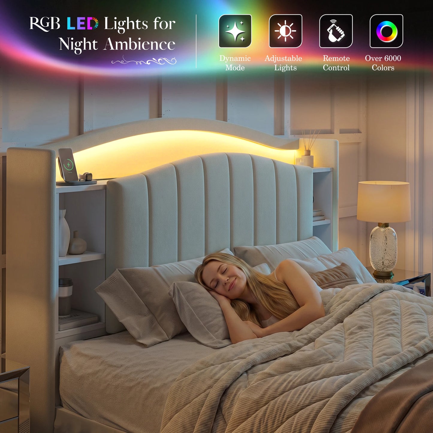 EnHomee Bookcase Platform Bed Frame With LED Lights
