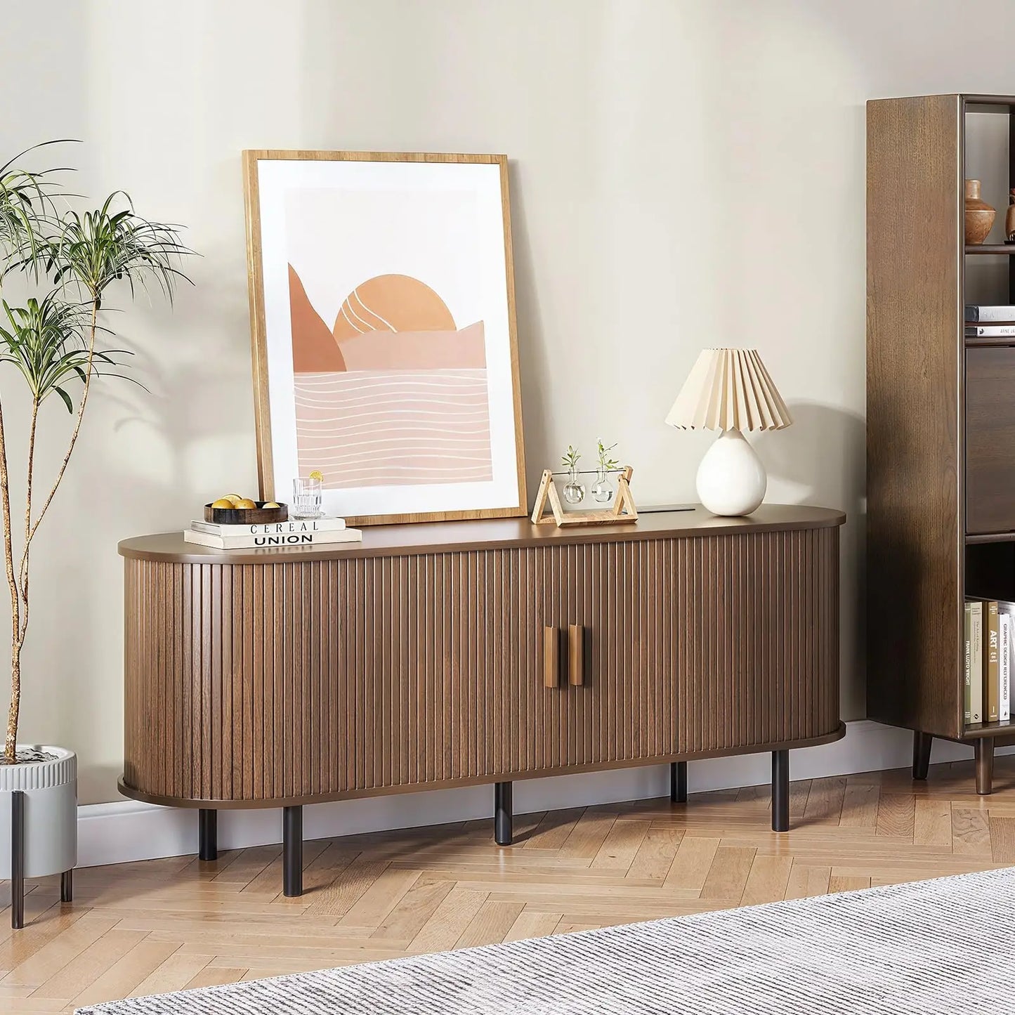 ONBRILL TV Stand with Power Outlet Sliding Doors and Shelves