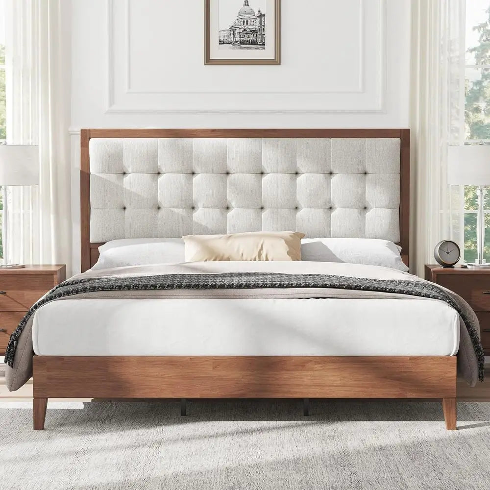 Walnut Century Style Solid Wood Queen Platform Bed