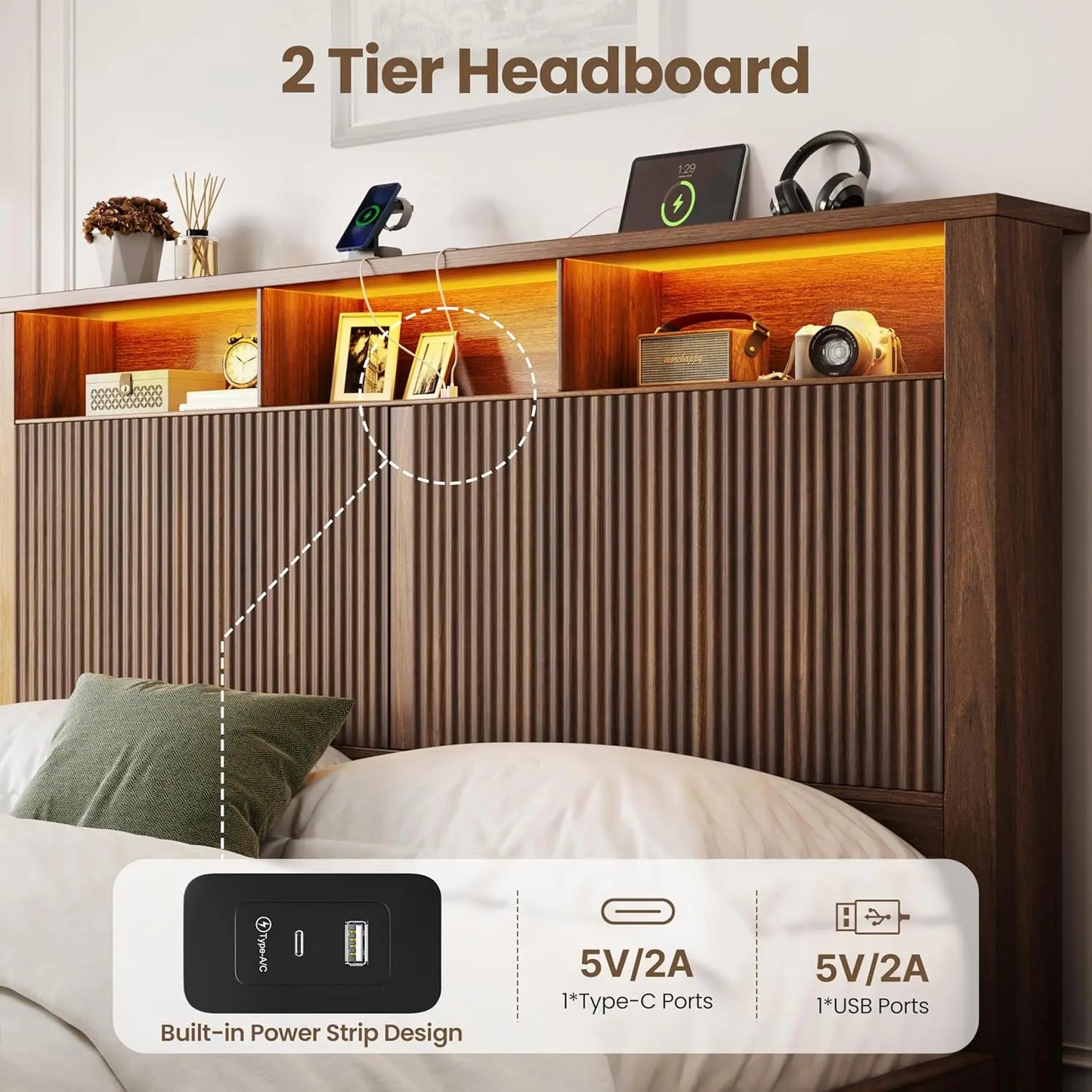 King Bed Frame With Headboard LED Storage Drawers USB