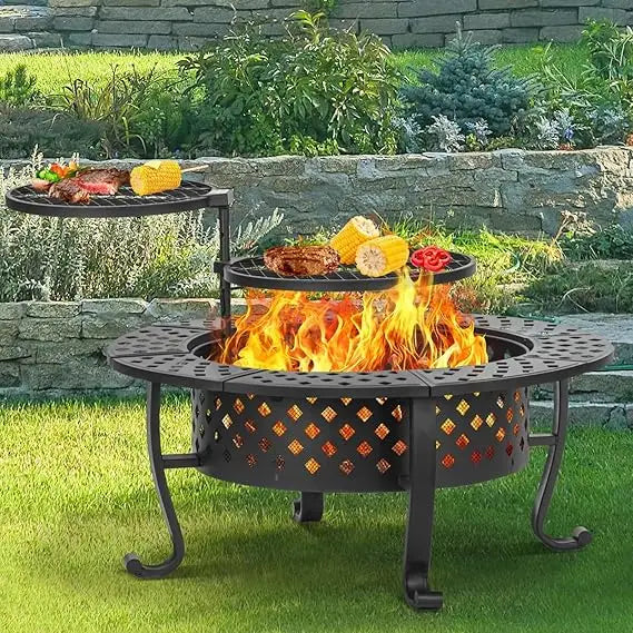Outdoor Wood Burning Fire Pit with BBQ Grills and Lid